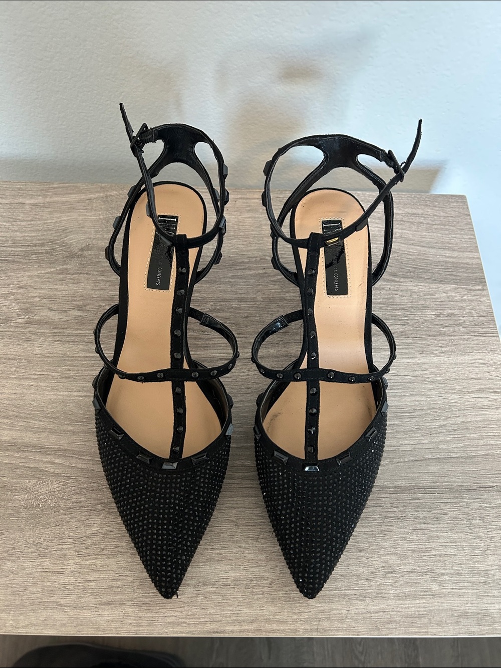 INC International Concepts Black Studded Pointed Toe Strappy Heels